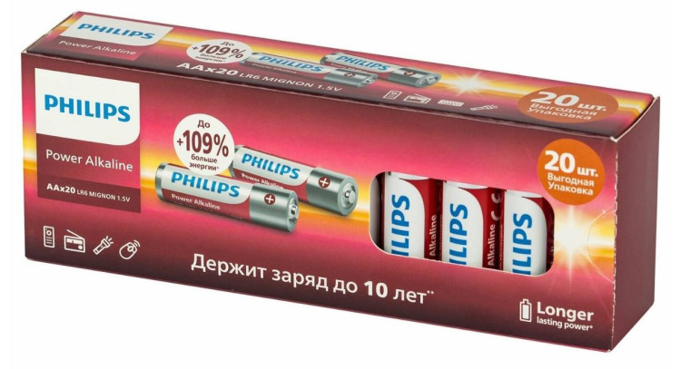 Батарейка AA алкалиновая LR6 Philips Power (20 шт в упаковке) цена за штуку