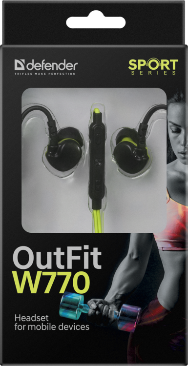 Наушники вкладыши вакуумные с микрофоном Defender OutFit  W770 черный+желтый, 1.5м, для смартфонов